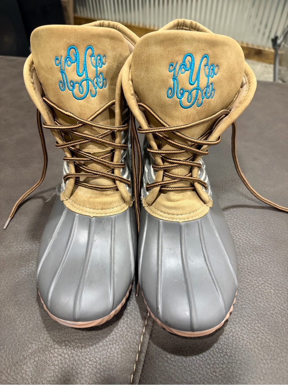 Women’s Winter Rain Boots in Gray and Tan with Blue Monogram